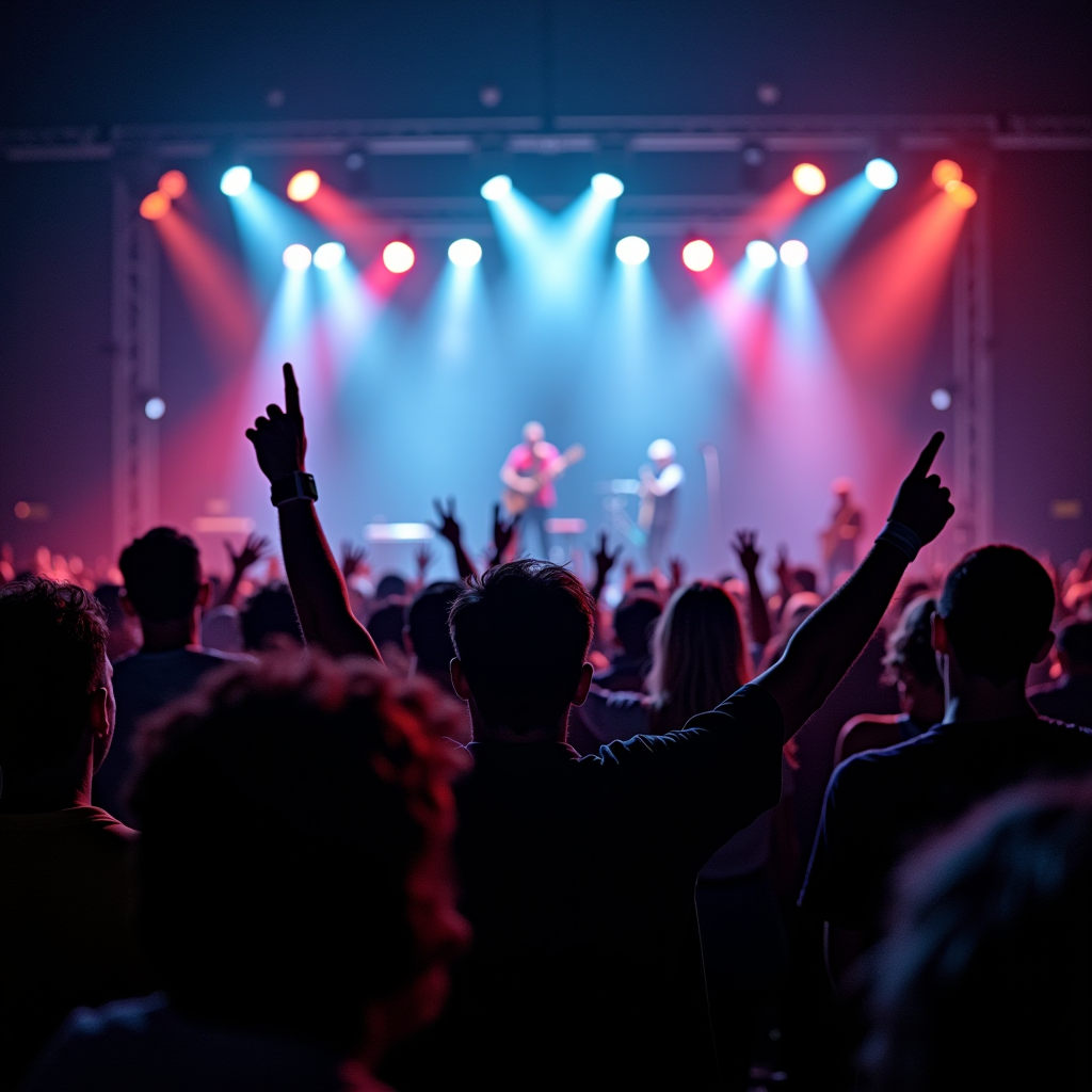 Excited crowd at a live music event in Ireland with stage lights and energetic atmosphere