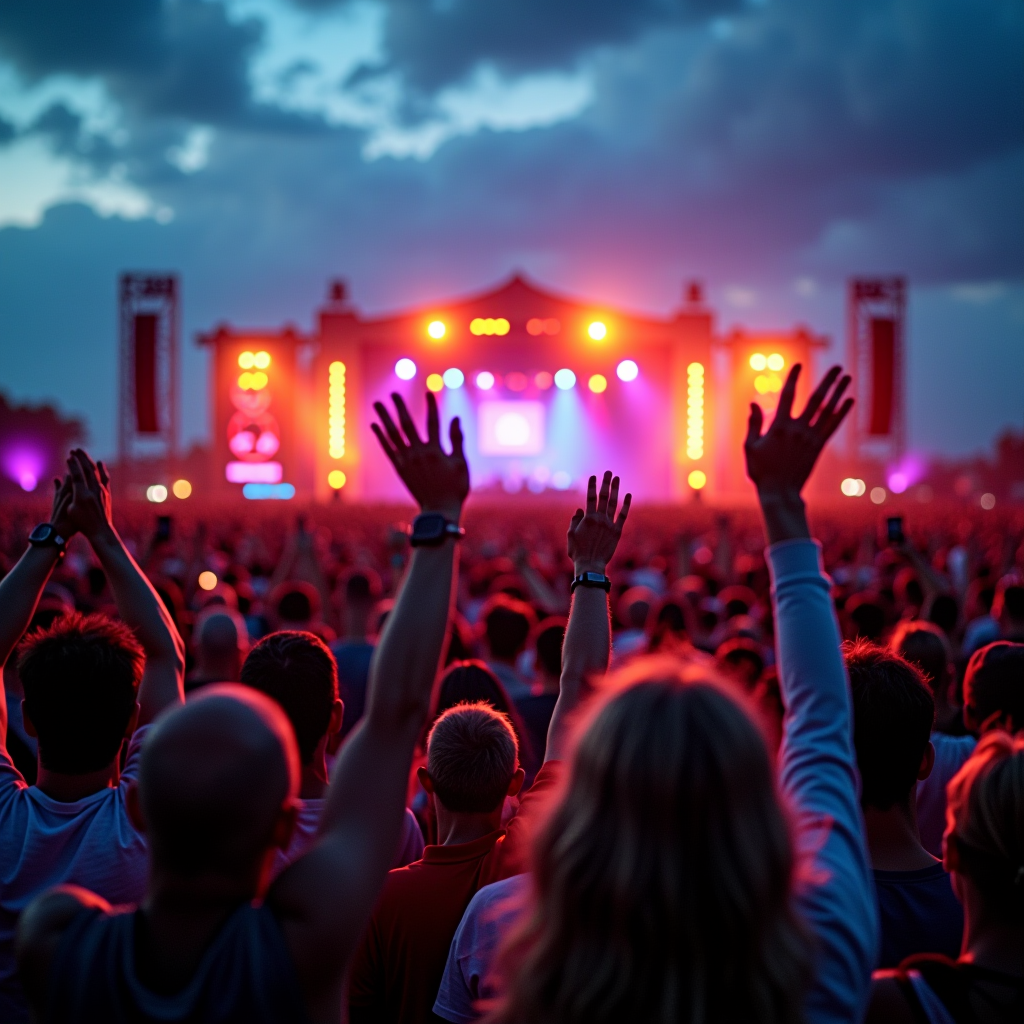 A vibrant festival crowd cheering at an outdoor concert with colorful stage lights, raised hands, and a massive audience stretching into the distance under an open sky