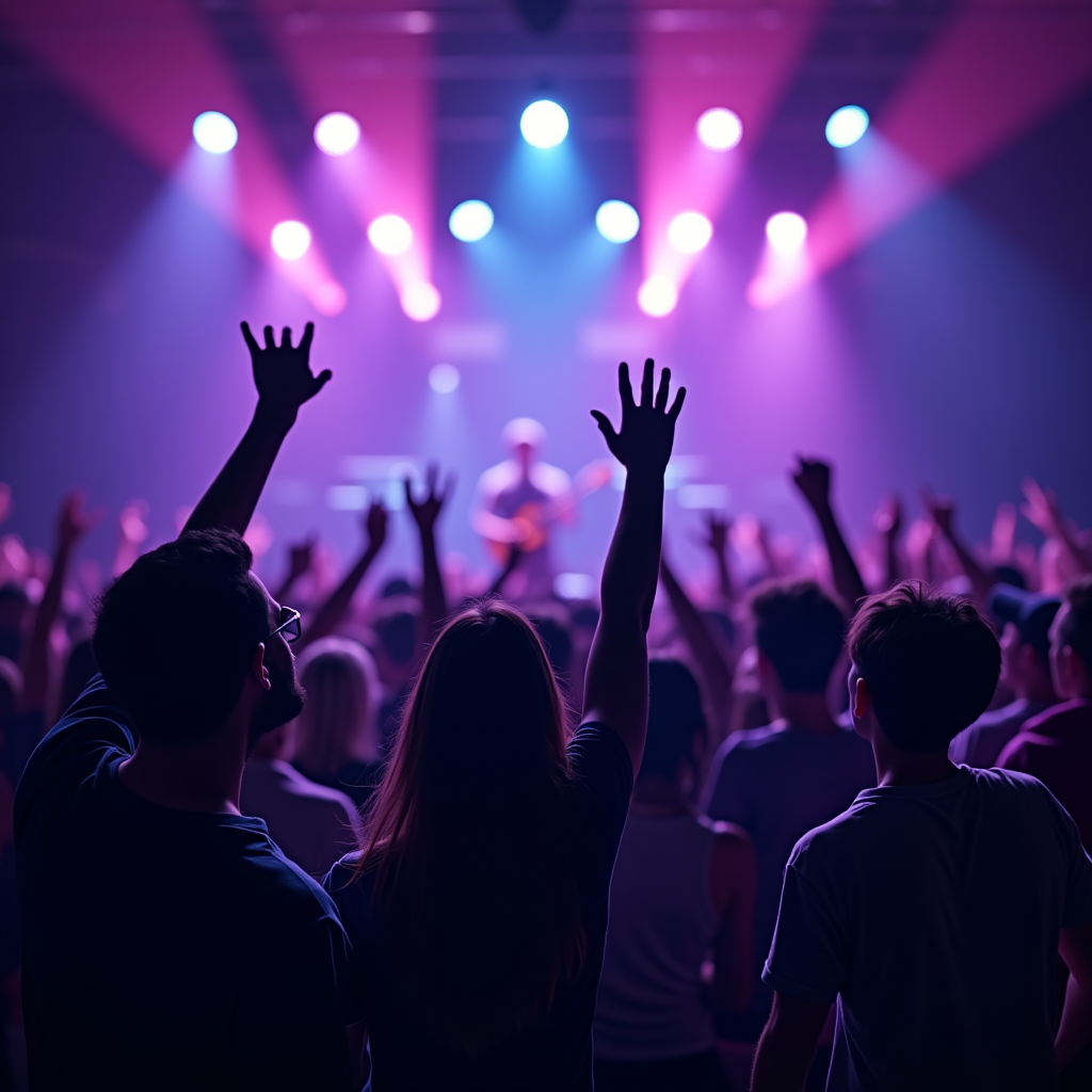 Energetic crowd of fans with raised hands at a live music concert in an Irish venue, stage lights illuminating the audience in vibrant purple and blue hues