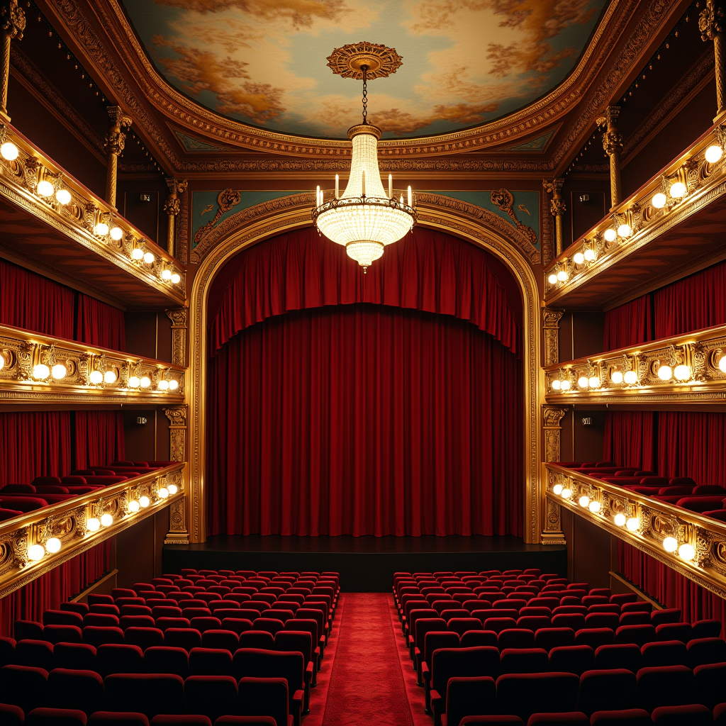 Grand interior of a historic Irish theatre featuring ornate gilded balcony railings, plush red velvet stalls seating, a magnificent crystal chandelier hanging from a painted ceiling, and a proscenium arch stage with heavy crimson curtains