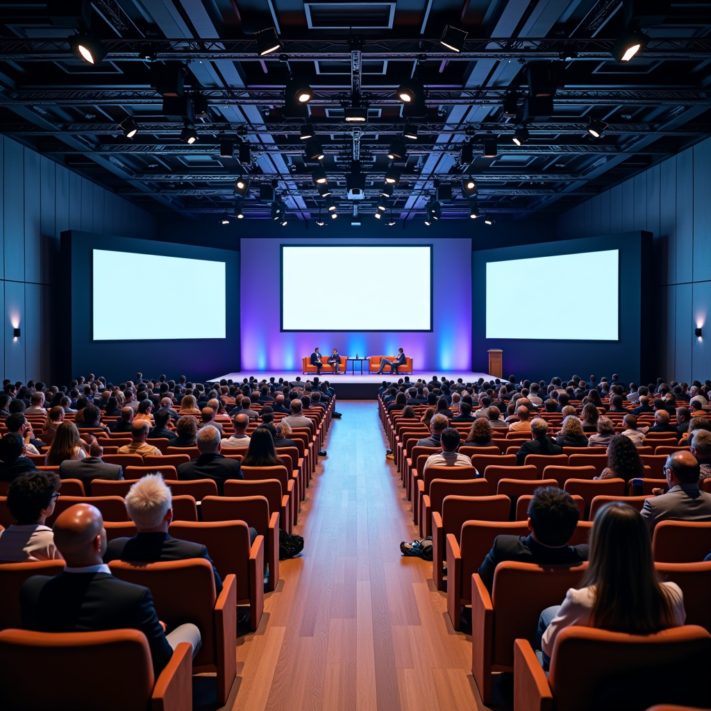 A modern conference hall in Ireland with tiered seating, large projection screens, professional stage lighting, and rows of comfortable chairs arranged for a business summit with attendees networking during a break