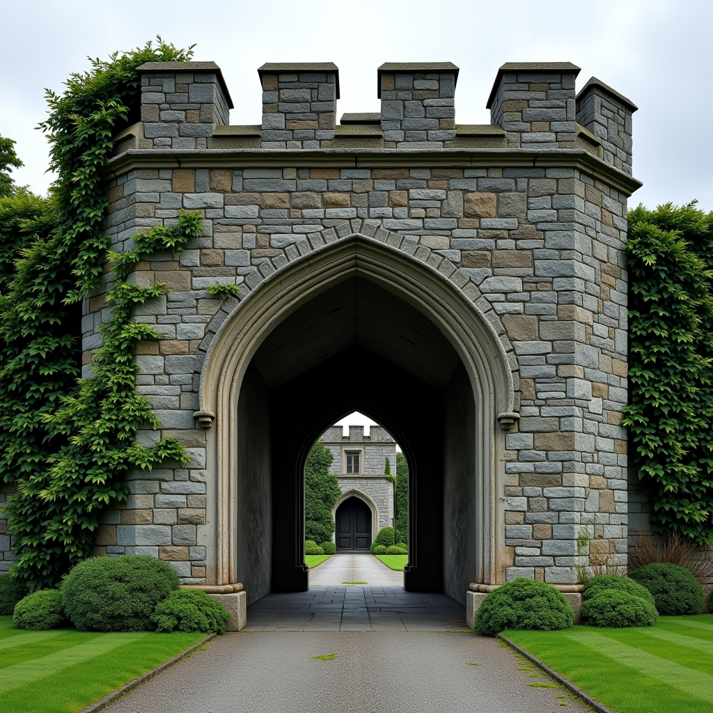 A grand historic Irish castle entrance featuring a weathered stone archway, ivy-covered walls, and lush green grounds leading to the main gate of a medieval fortress