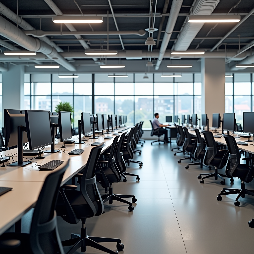 Modern open-plan office workspace in Ireland with new desks, monitors, and collaborative areas for customer support team
