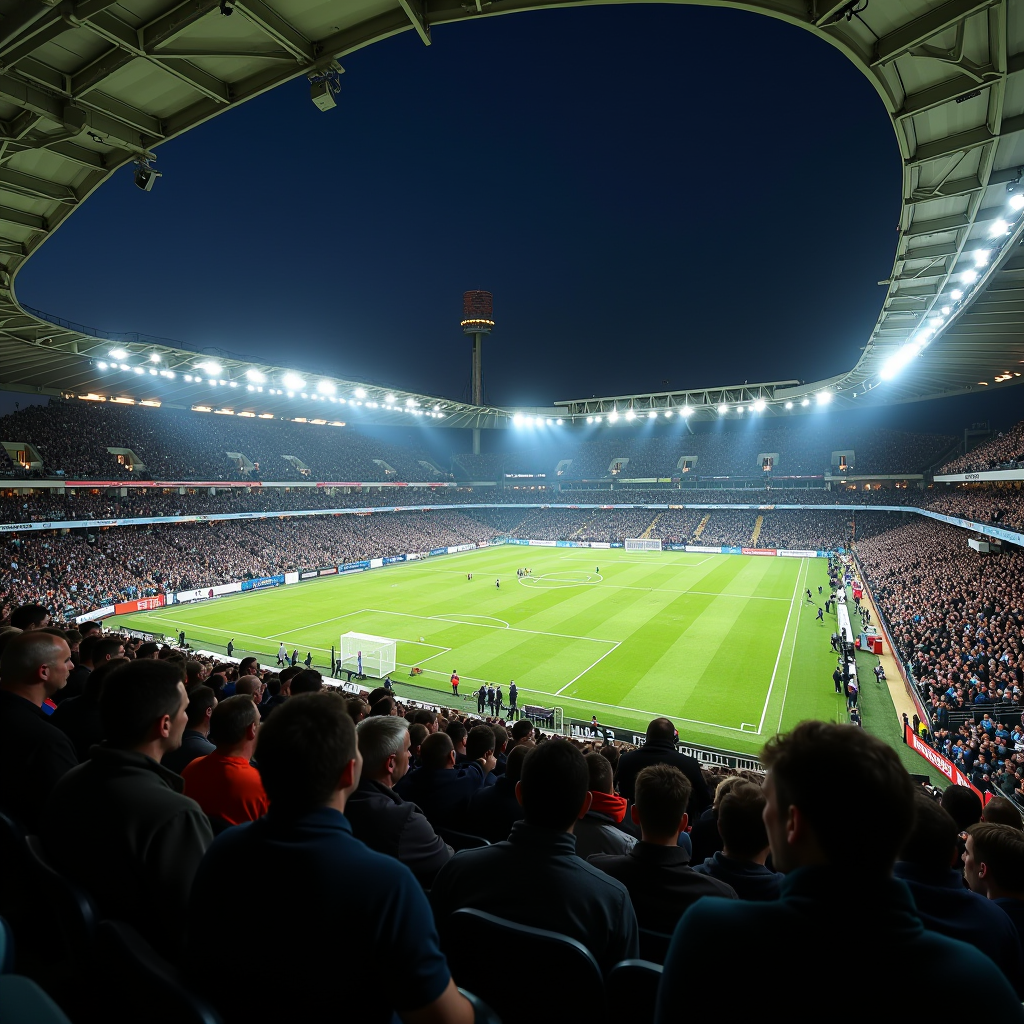 Packed sports stadium in Dublin filled with enthusiastic fans watching a rugby match under bright floodlights