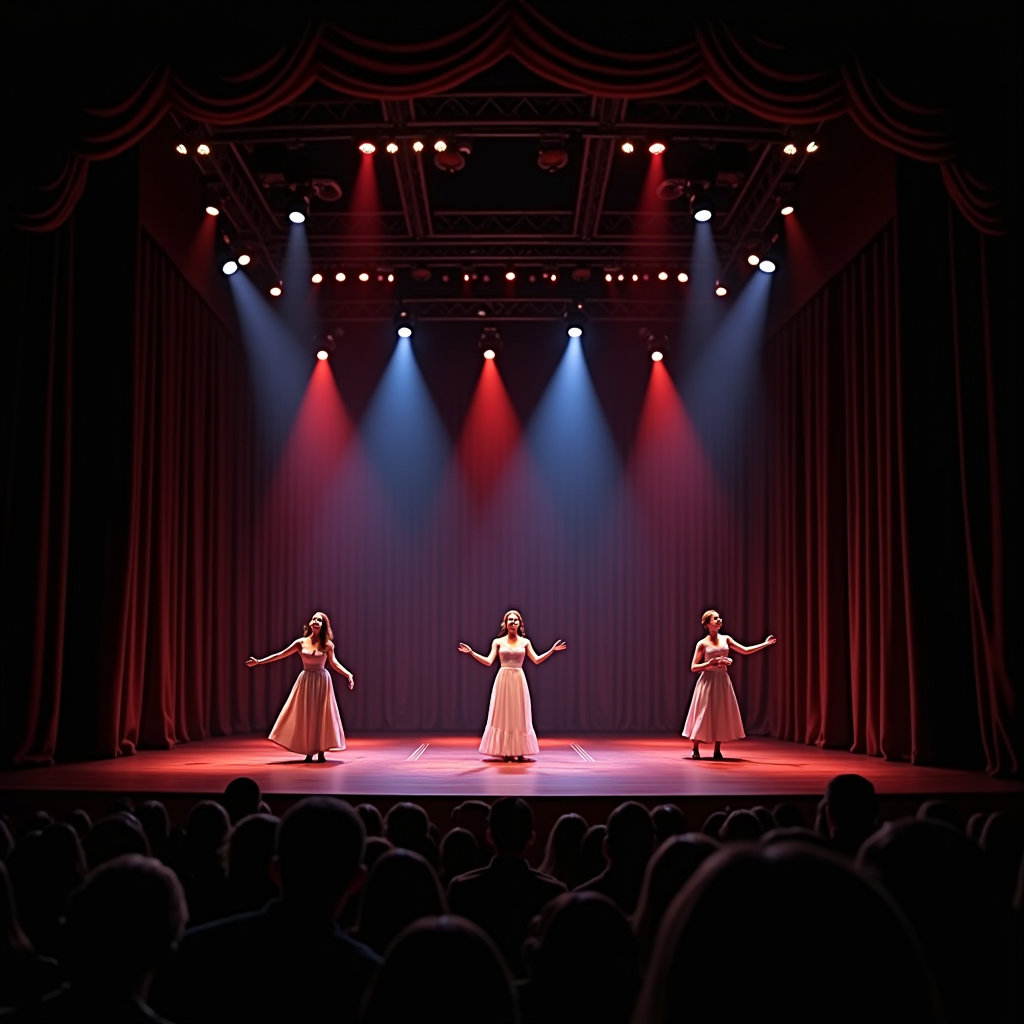 Elegant stage performance at a regional theater venue with dramatic lighting and actors performing a featured play