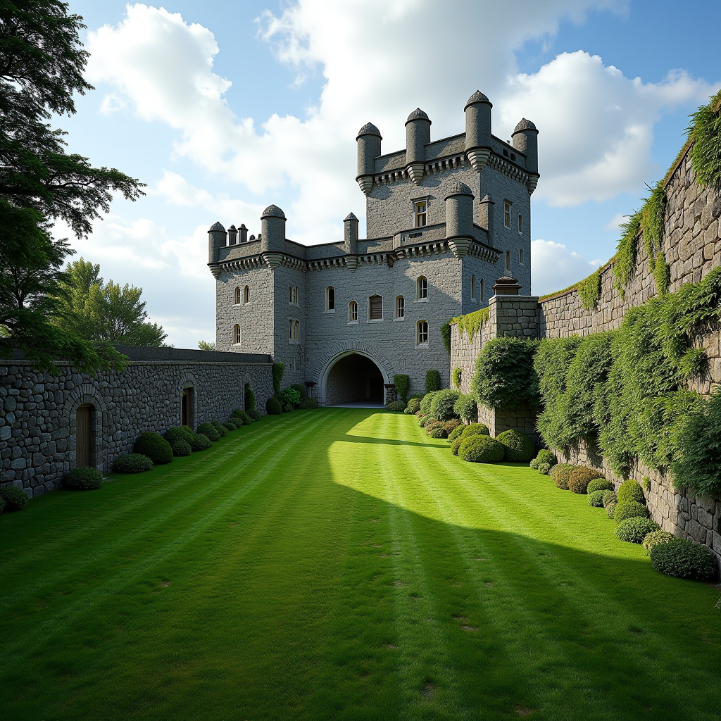 Scenic entrance of a historic Irish castle surrounded by lush green landscape and stone walls under a partly cloudy sky